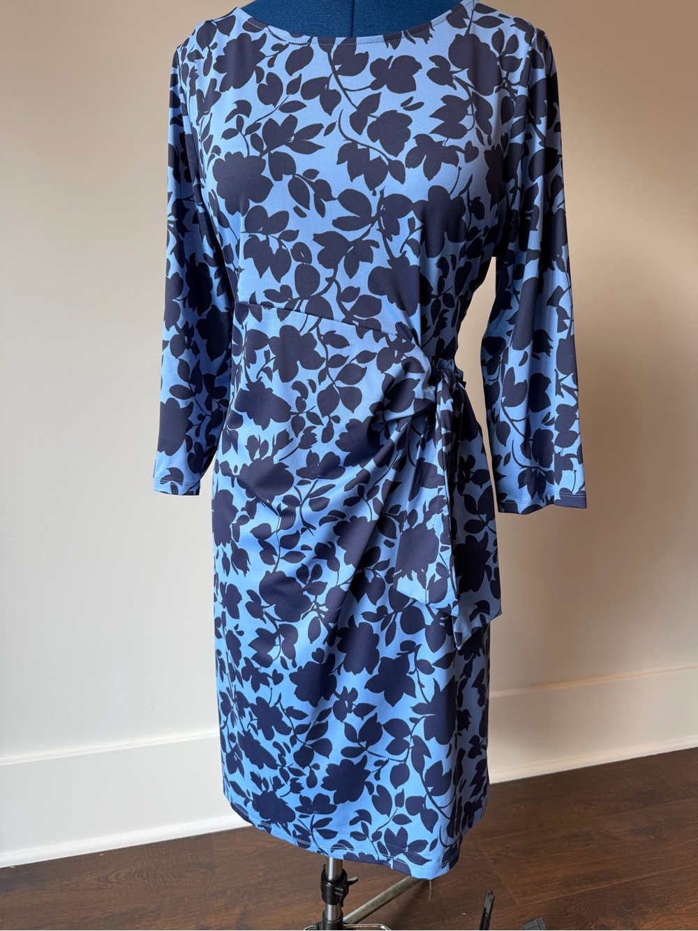 Talbots Blue and Navy Floral Tie-Side Stretch Sheath Dress